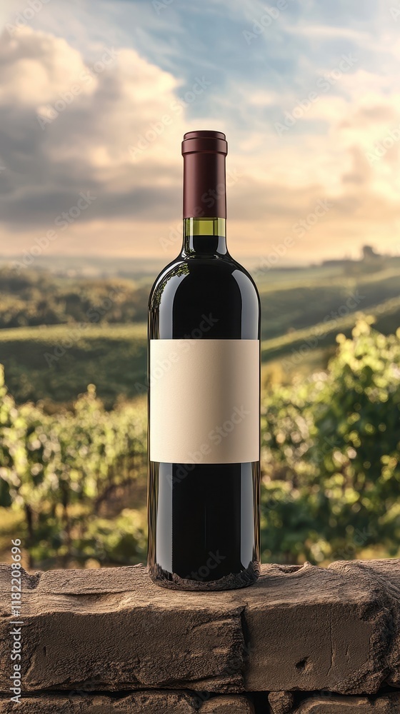 Fototapeta premium Red wine bottle with blank label against vineyard backdrop.