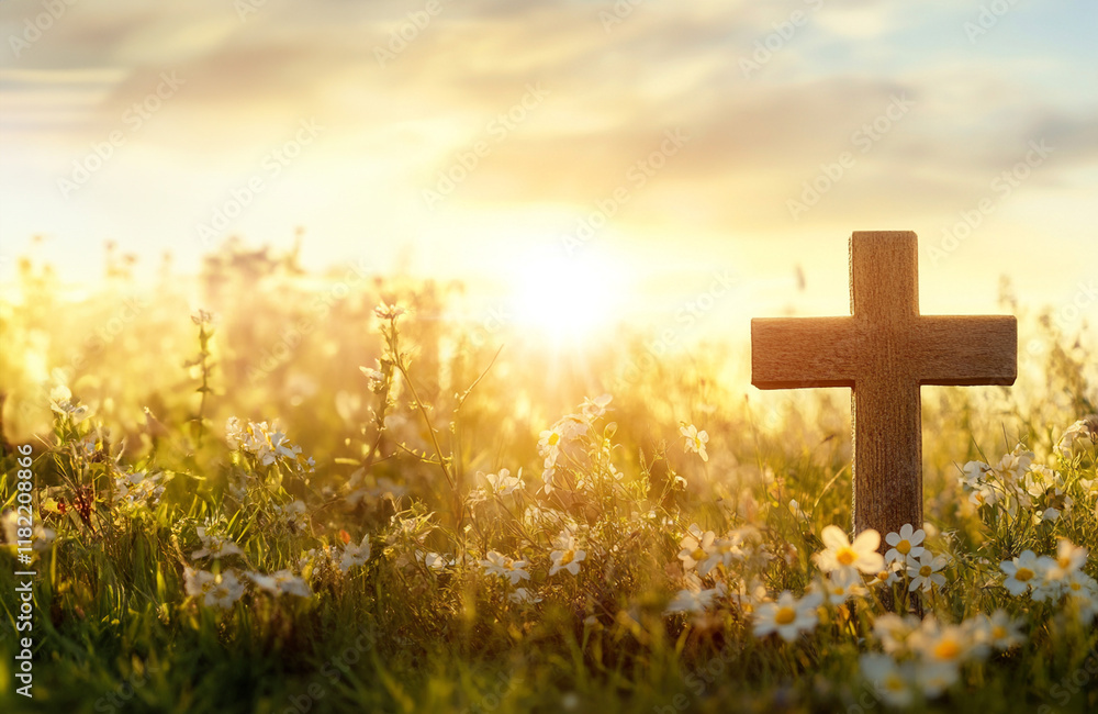 Christian cross in the field of flowers with room for text Christian cross in the field of flowers with room for text