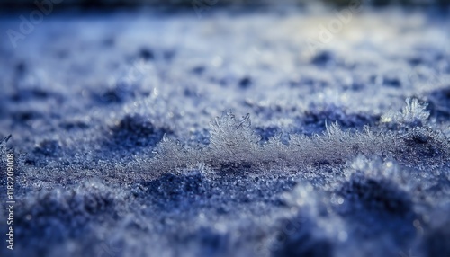 close-up of a delicate snowflake crystal on frosty ground, showcasing intricate patterns and shimmering details for winter themed designs