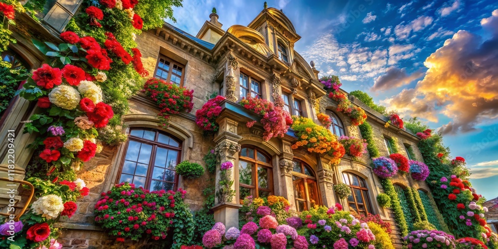 Fototapeta premium Surreal Historic Building with Flowers Blooming in Windows - Dreamlike Architecture Photography