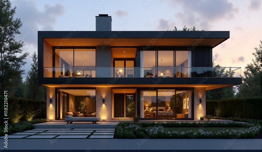 Stylish two-story modern home with a sleek black exterior, expansive glass windows, warm lighting, minimalist landscaping, spacious balcony, and a tranquil garden setting at sunset. Stylish two-story modern home with a sleek black exterior, expansive glass windows, warm lighting, minimalist landscaping, spacious balcony, and a tranquil garden setting at sunset.