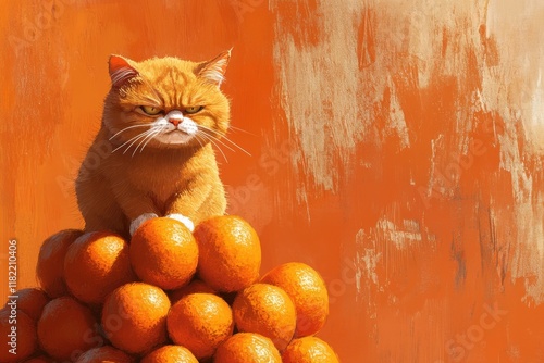 Grumpy Orange Cat Amidst a Pile of Oranges photo