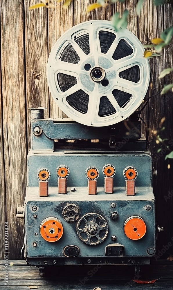 Fototapeta premium Vintage film projector against wooden backdrop, showcasing old technology and cinema history.