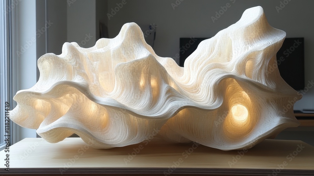 Illuminated 3D-printed sculptural art piece with organic, wave-like forms and internal lighting. Illuminated 3D-printed sculptural art piece with organic, wave-like forms and internal lighting.