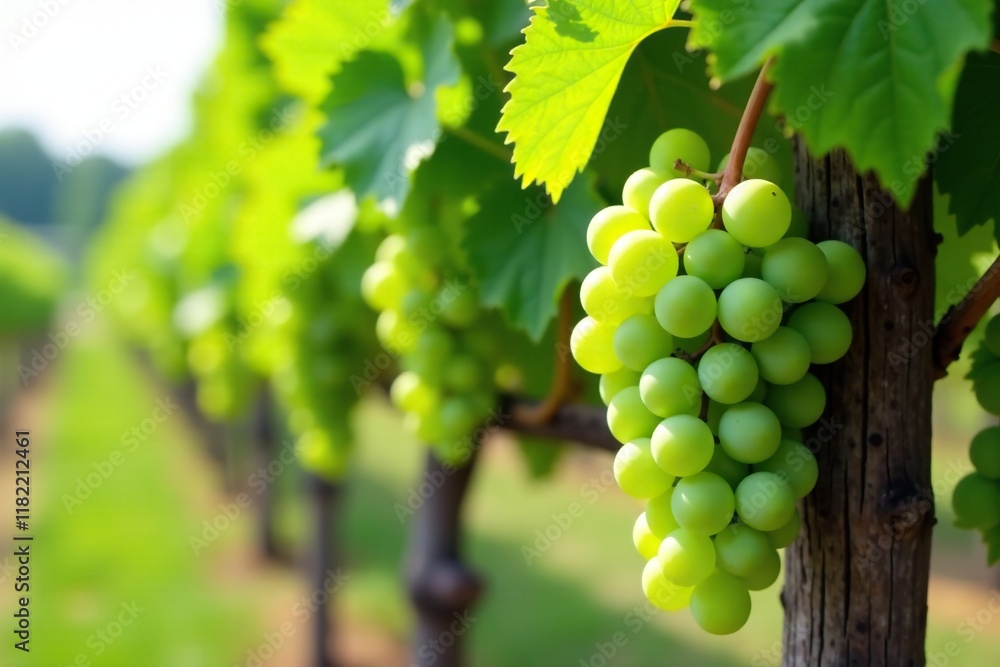 Green grape clusters hanging from a sturdy wooden trellis, vine, farm, harvest Green grape clusters hanging from a sturdy wooden trellis, vine, farm, harvest