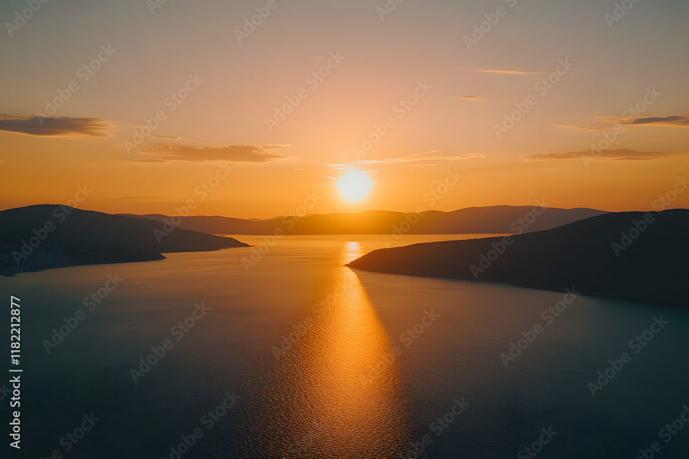 Obraz premium Beautiful sunset over the sea with an orange sky and sun, a summer landscape