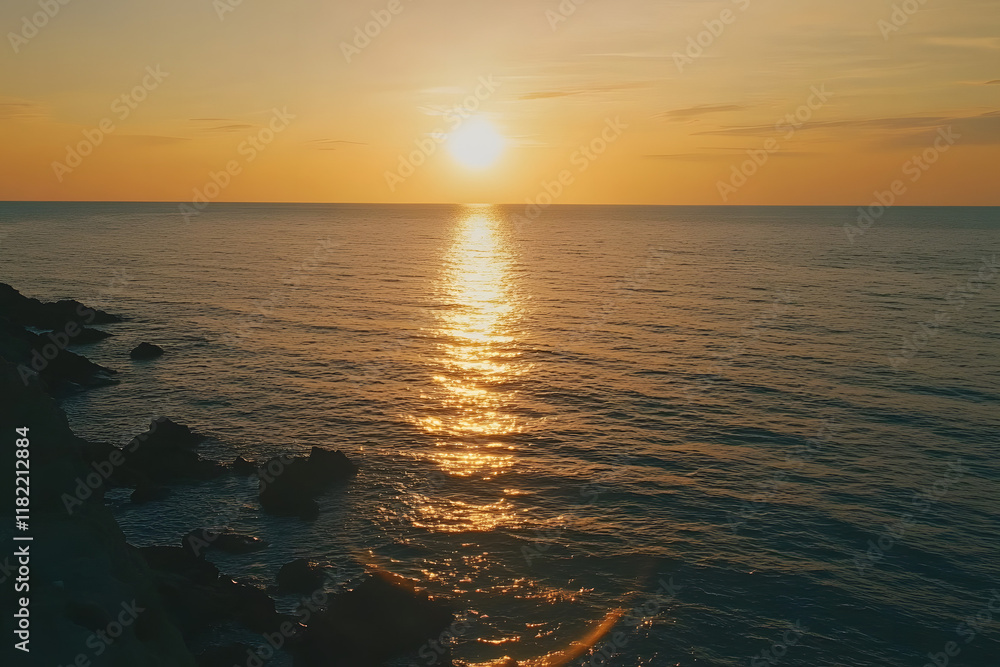 Obraz premium Beautiful sunset over the sea with an orange sky and sun, a summer landscape