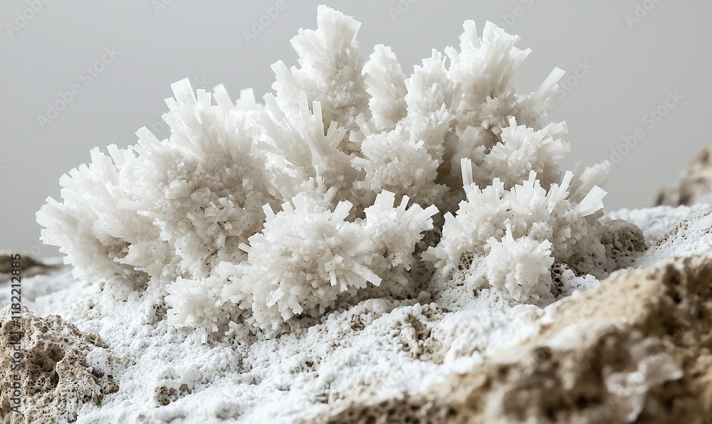 White mineral crystals on rock, close-up, science background, research/education. White mineral crystals on rock, close-up, science background, research/education.