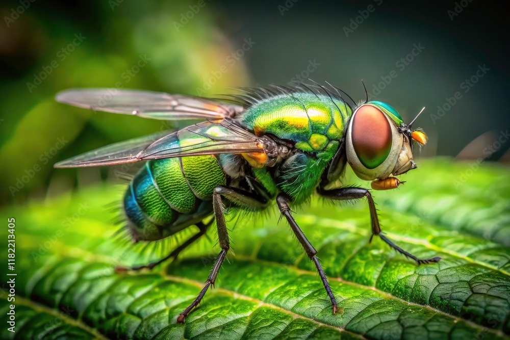 A captivating close-up reveals a green fly's delicate features resting on a lush leaf. A captivating close-up reveals a green fly's delicate features resting on a lush leaf.
