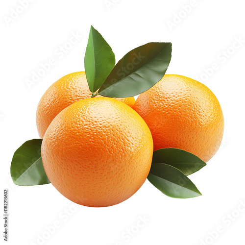 Three Juicy Oranges with Lush Green Leaves photo