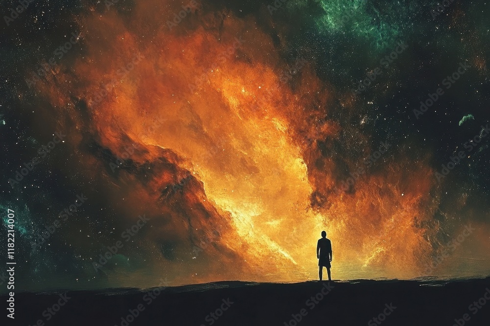 Fototapeta premium Solitary Figure Gazing at a Cosmic Firestorm