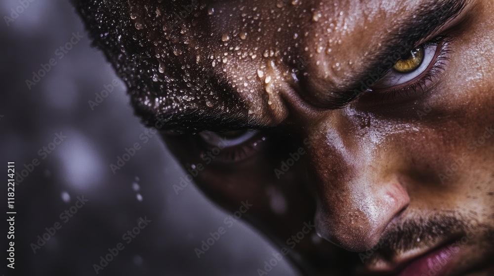 Close-up Portrait of a Sweaty, Intensely Focused Man with Glowing Eyes Close-up Portrait of a Sweaty, Intensely Focused Man with Glowing Eyes