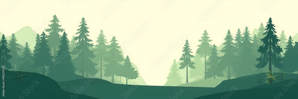 Fototapeta premium Minimalistic green forest landscape with silhouettes of trees for nature-themed backgrounds and designs