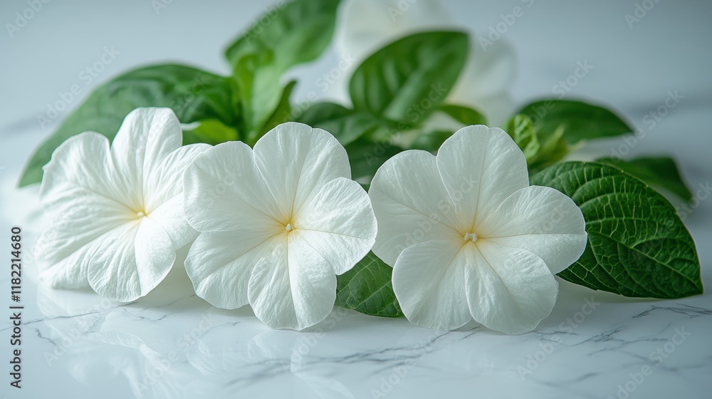 Close-up of three pristine white flowers with vibrant green leaves on a marble surface. Close-up of three pristine white flowers with vibrant green leaves on a marble surface.