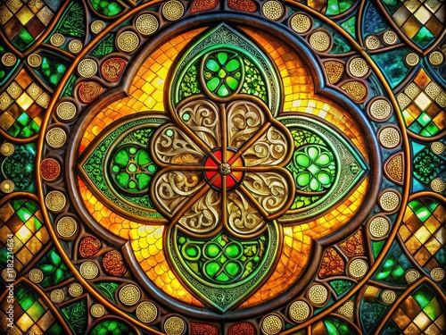 Wallpaper Mural Architectural photography captures a colorful stained-glass clover, its Celtic knotwork detailed, illuminated by contrasting light. Torontodigital.ca