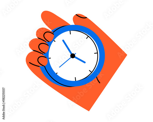 Hand drawn cute cartoon illustration hand holding wall clock with dial. Flat vector time countdown device in arm doodle. Education or study sticker, icon. Time management. Deadline timer. Isolated.