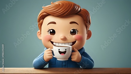 Adorable 3D-rendered boy happily enjoys a cheerful mug of coffee. Perfect for morning routine, child-friendly brands, or happy moments themes. photo