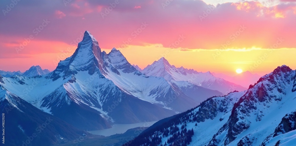Mountains with snow-capped peaks at sunset with gradient background, snow, mountains Mountains with snow-capped peaks at sunset with gradient background, snow, mountains