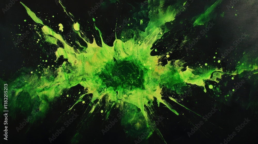 Abstract Green Explosion on Black Canvas: A Dynamic and Energetic Paint Splatter Artwork Abstract Green Explosion on Black Canvas: A Dynamic and Energetic Paint Splatter Artwork