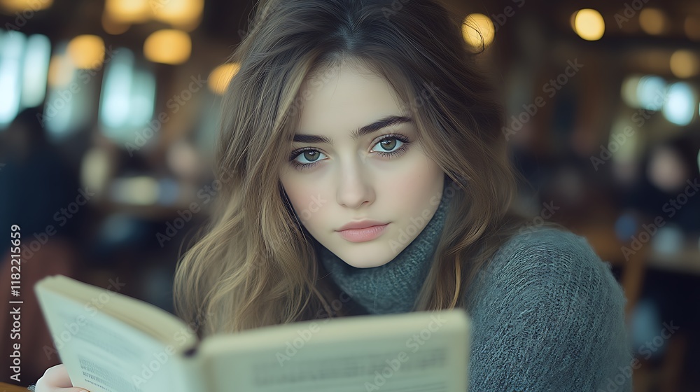 Serene Young Woman Reading a Book in Soft Lighting Serene Young Woman Reading a Book in Soft Lighting