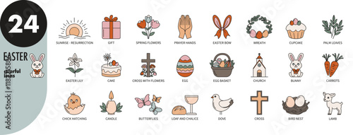 Colorful Easter holidays thin line icons set. Eggs, bunny, resurrection, lamb, church, palm, flowers, cross, cake, prayer, wreath chick, candle, butterflies, dove, vector illustration