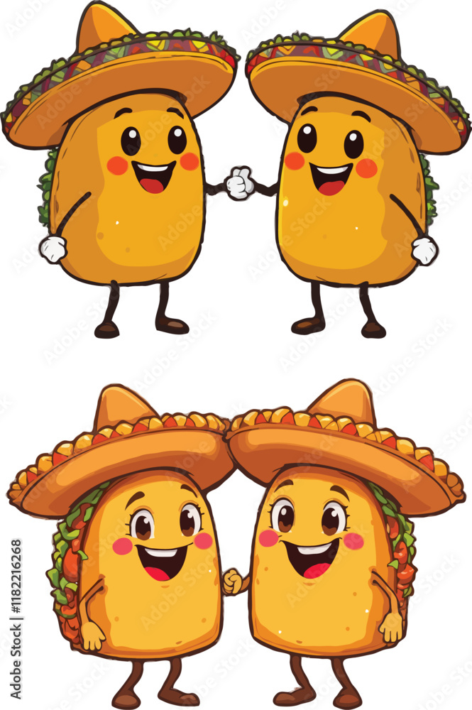 Obraz premium set of cartoon animals. Two Cartoon Tacos in Sombrero Hats Give a Thumbs Up