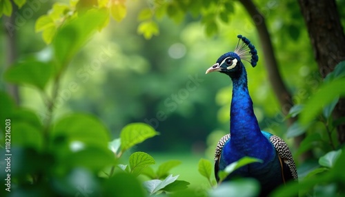 Wallpaper Mural Peacock feathers peeking from behind a leafy canopy, branches, garden Torontodigital.ca