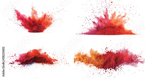 A pile of red powder on a white surface. Suitable for various uses, Dynamic splash of vibrant red powder scattered across a plain white background, 