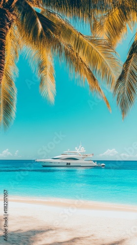 Palm trees framing a luxurious yacht moored in a serene turquoise bay, creating an idyllic tropical escape with a pristine white sand beach and endless blue skies