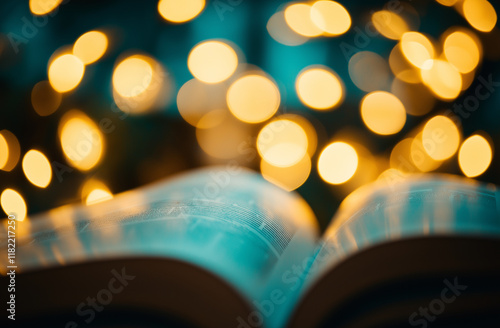 Open book with glowing bokeh lights in background, magical reading concept, storytelling imagery, warm atmosphere for literary or creative themes photo