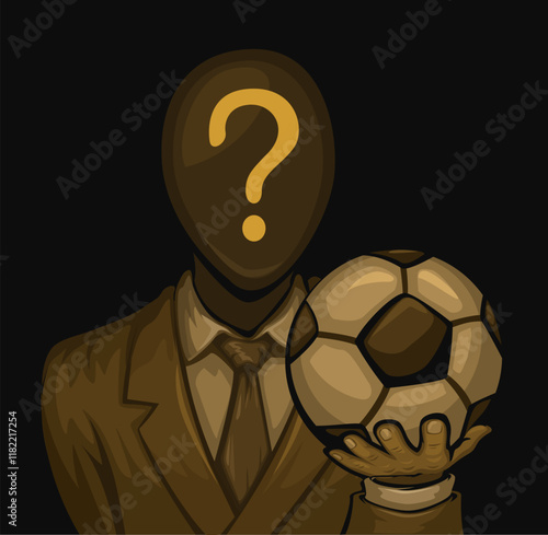Mysterious Businessman Holding Soccer Ball With Question Mark On Head In Dark Background Illustration Vector