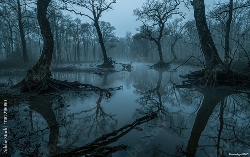 Gnarled trees loom over murky waters in a foggy swamp, creating an unsettling atmosphere filled with uncertainty photo