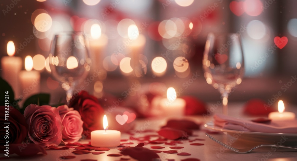 Romantic Candlelight Dinner: A table set for two with flickering candles, red roses, and scattered rose petals. A romantic ambiance is created with soft lighting and the promise of intimacy. Romantic Candlelight Dinner: A table set for two with flickering candles, red roses, and scattered rose petals. A romantic ambiance is created with soft lighting and the promise of intimacy.