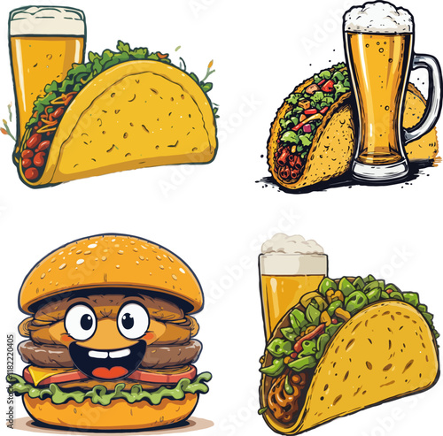 beer and taco. Cartoon Illustration of Tacos, Burgers, and Beer