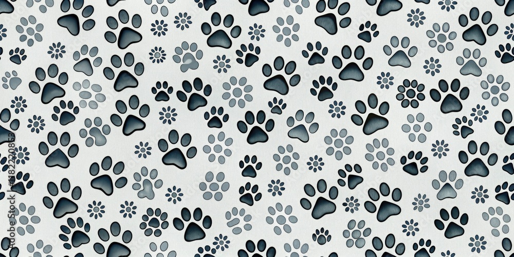 High-depth-of-field showcases cute, monochrome cat and dog paw prints in a delightful pattern. High-depth-of-field showcases cute, monochrome cat and dog paw prints in a delightful pattern.