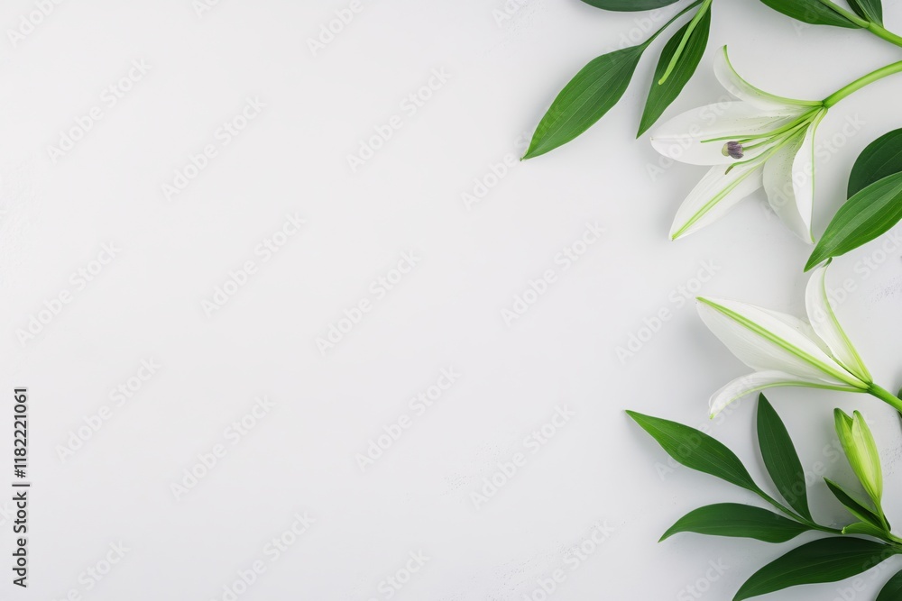 Elegant White Lilies with Green Leaves on Minimalistic White Background Elegant White Lilies with Green Leaves on Minimalistic White Background