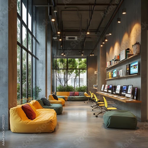 Modern open space business interior with computers photo