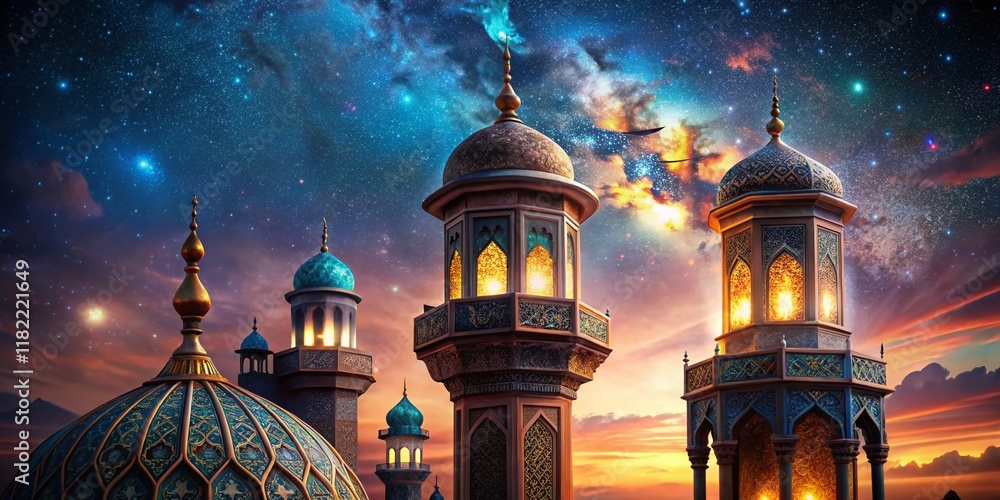 Fototapeta premium Surreal Starry Night: Ornate Minaret & Glowing Lantern - Stock Photo