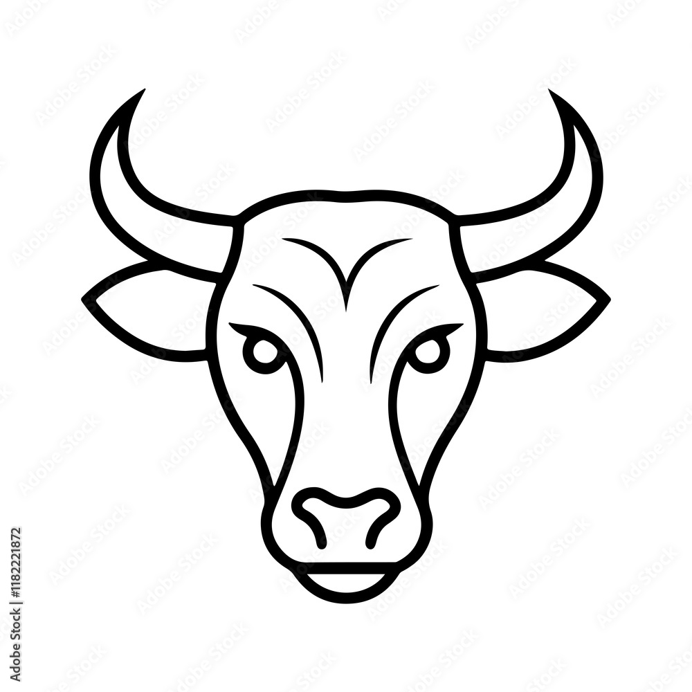 Detailed black and white illustration of a bulls head with distinctive horns Detailed black and white illustration of a bulls head with distinctive horns