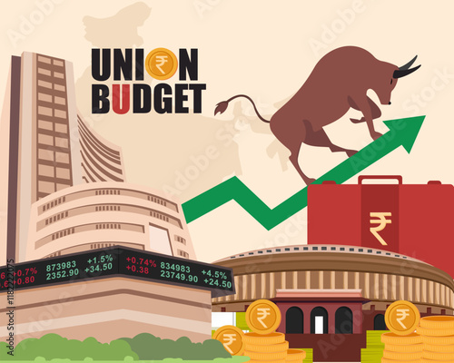 bse building with union budget indian economic growth budget red briefcase, rupee symbol, map background