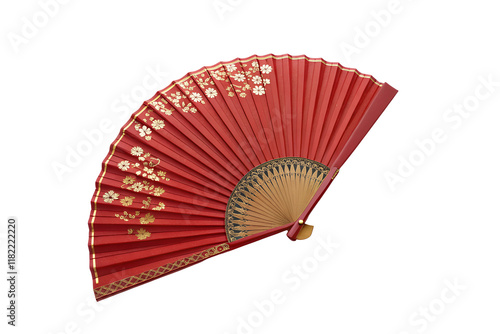 Red Hand Fan with Gold Floral Pattern     Elegant Traditional Decor on Transparent Background
