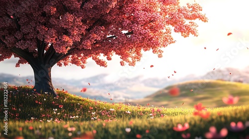 Vibrant Sakura Tree in Full Bloom with Petals Falling on a Sunny Meadow