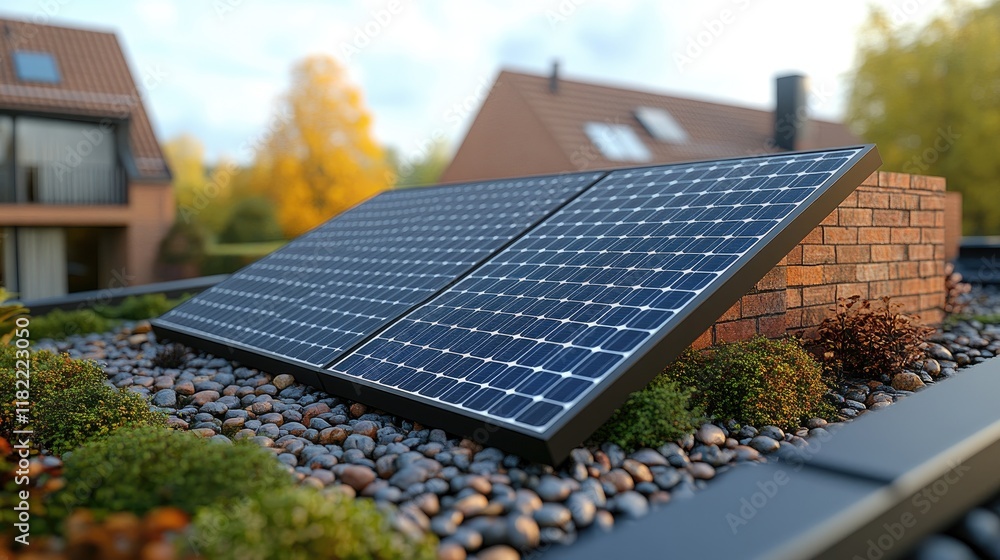 Fototapeta premium Rooftop solar panels on a green roof with pebbles and brick.