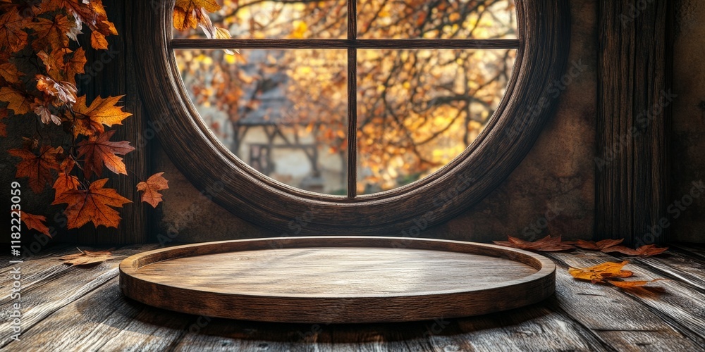 Fototapeta premium A rustic wooden plate providing a natural background, ideal for food or product photography.