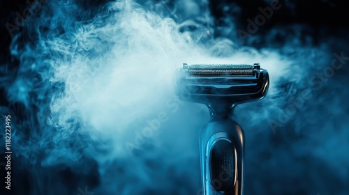 Modern electric shaver with smoke against dark background