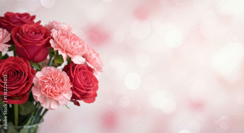 Love in Bloom: A vibrant bouquet of red roses and pink carnations fills the frame, radiating warmth and affection. Each petal, a delicate whisper of romantic sentiment. Love in Bloom: A vibrant bouquet of red roses and pink carnations fills the frame, radiating warmth and affection. Each petal, a delicate whisper of romantic sentiment.