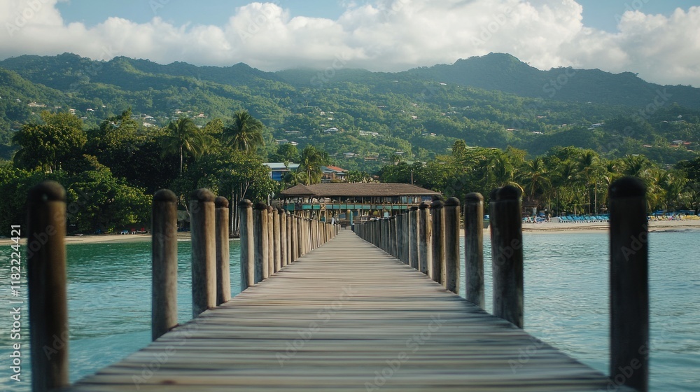 Fototapeta premium Serene Wooden Pier Leading to Tropical Paradise