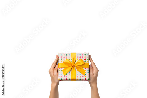 Festive Gift Box with Polka Dots and Yellow Bow – Perfect for Celebrations and Special Occasions on Transparent Background photo