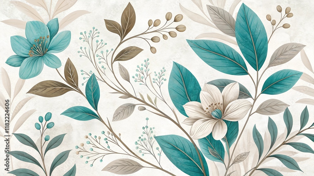 Serene Teal and Taupe Botanical Wall Decor Featuring a Variety of Lush Leaves and Delicate Floral Elements on a Textured Background
Serene Teal and Taupe Botanical Wall Decor Featuring a Variety of Lush Leaves and Delicate Floral Elements on a Textured Background