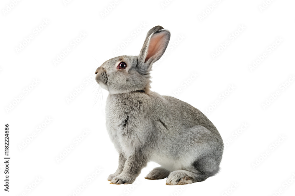 Obraz premium Gray Rabbit on White Background – Adorable and Alert Fluffy Bunny on Transparent Background